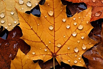 Close up of fallen leaves on ground in autumn covered in raindrops.