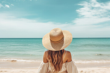 Fototapeta na wymiar Back view of young woman with straw hat at sand beach on summer vacation. Summer vibe concept. Happy girl enjoying idyllic beach and ocean view. Summer holiday. Coastal relaxation.