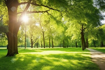 Fototapeta na wymiar Sunny green park with trees. Generative AI