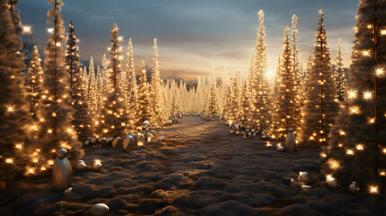 Forest of Christmas trees with ornaments and lights. 3d render of a winter landscape with christmas tree and lights.