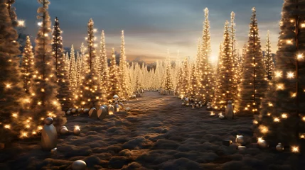 Fotobehang Forest of Christmas trees with ornaments and lights. 3d render of a winter landscape with christmas tree and lights. © mandu77