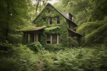 house covered in vegetation, left behind in woods. Generative AI