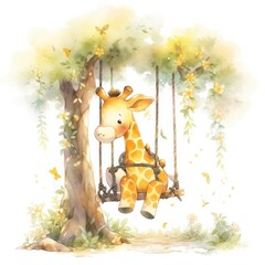 Cute baby giraffe on swings on the tree in watercolor style. - obrazy, fototapety, plakaty