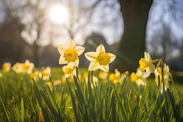 Fototapeta premium Daffodils in spring backlit by sun.
