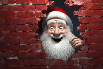 illustration of peeking out Santa Claus from hole of brick wall. fairytale character Merry Christmas - obrazy, fototapety, plakaty