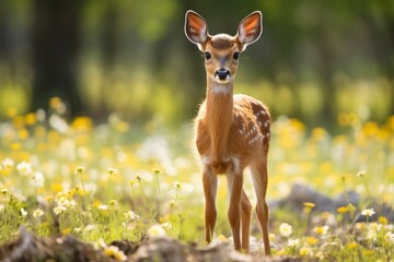 Female roe deer with beautiful flower. - obrazy, fototapety, plakaty