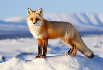 Obraz premium Red fox standing on snow.