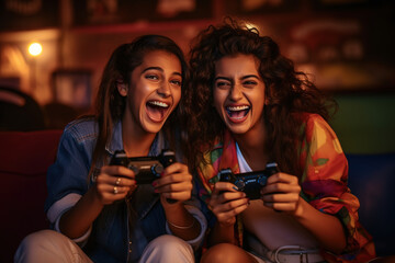 Happy Indian excited women playing video game, holding joystick in hand, sitting on sofa and having funny competition moment. Spending a weekend time enjoying together late night at home.
