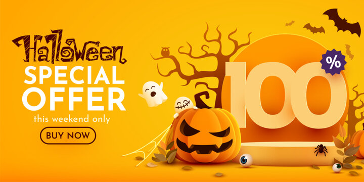 100 percents off. Halloween sale banner template. Podium and numbers with amount of discount. Special October offer. Vector illustration.