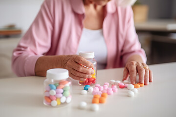 Close up mature woman taking pills from bottle, sitting at table, preparing to take supplements or painkiller, emergency medicine, healthcare and treatment concept.