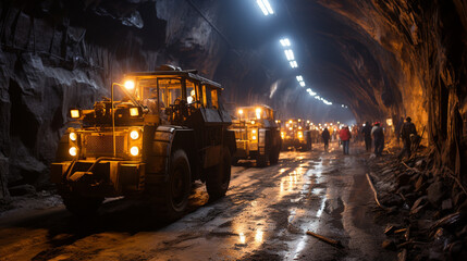 A panoramic view of an underground mine, where miners work amidst dimly lit tunnels and heavy machinery