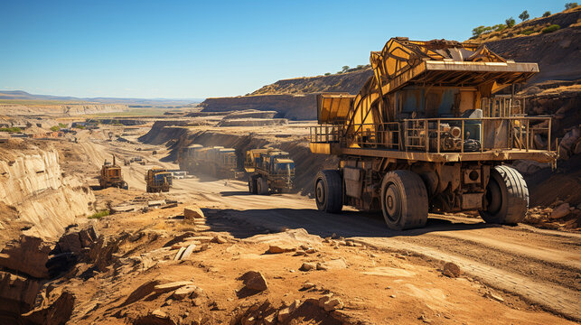 A massive open-pit mine, with colossal earth-moving equipment in action, extracting valuable minerals from the earth