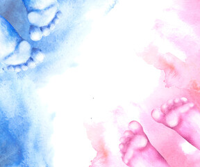 Baby footprints with blue and pink stains frame. Watercolor illustration hand draw isolated on white background. Gender reveal party boy or girl, newborn celebration, happy birthday invitation, card