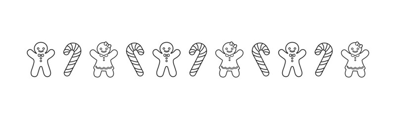 Christmas themed decorative border and text divider, Gingerbread Cookies and Candy Cane Pattern Outline Doodle. Vector Illustration.