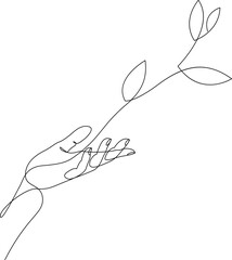 Continuous line drawing of growing plant from hand. Hand holding branch with leaves. Vector illustration.