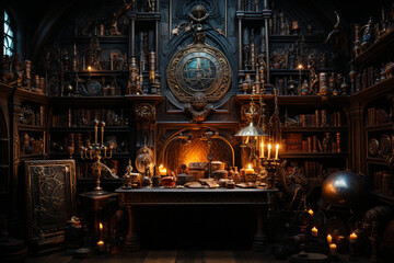 A sorcerer's mystical library filled with ancient spellbooks and magical artifacts, emphasizing the love and creation of arcane knowledge, love and creation - obrazy, fototapety, plakaty