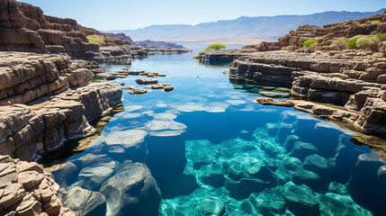 A breathtaking shot of a diamond mine, with pristine blue waters contrasting the harshness of the mining process