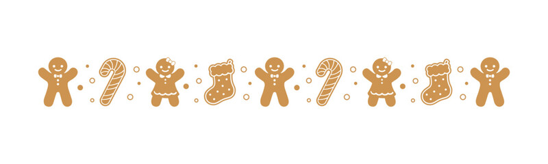 Christmas themed decorative border and text divider, Gingerbread Cookies Pattern. Vector Illustration.