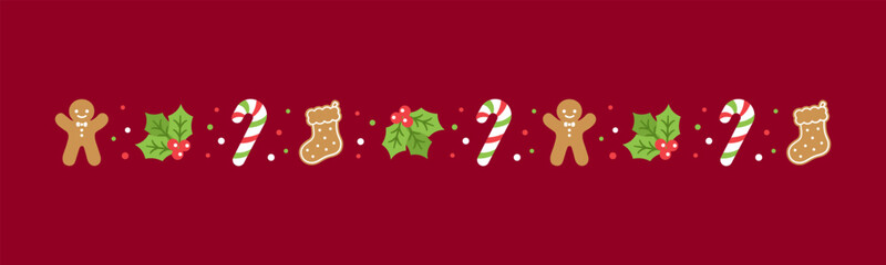 Christmas themed decorative border and text divider, Gingerbread Cookies and Candy Cane Pattern. Vector Illustration.