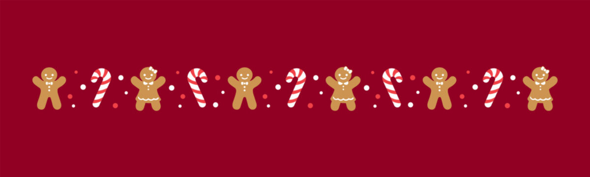 Christmas themed decorative border and text divider, Gingerbread Cookies and Candy Cane Pattern. Vector Illustration.