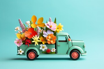 Colorful toy truck carrying spring flowers on green background. Generative AI