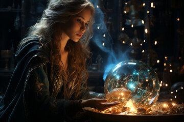 A sorceress gazing into a scrying mirror to receive visions of the future, symbolizing the love and...