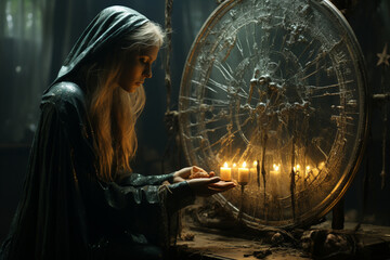 A sorceress gazing into a scrying mirror to receive visions of the future, symbolizing the love and creation of divination arts, love and creation