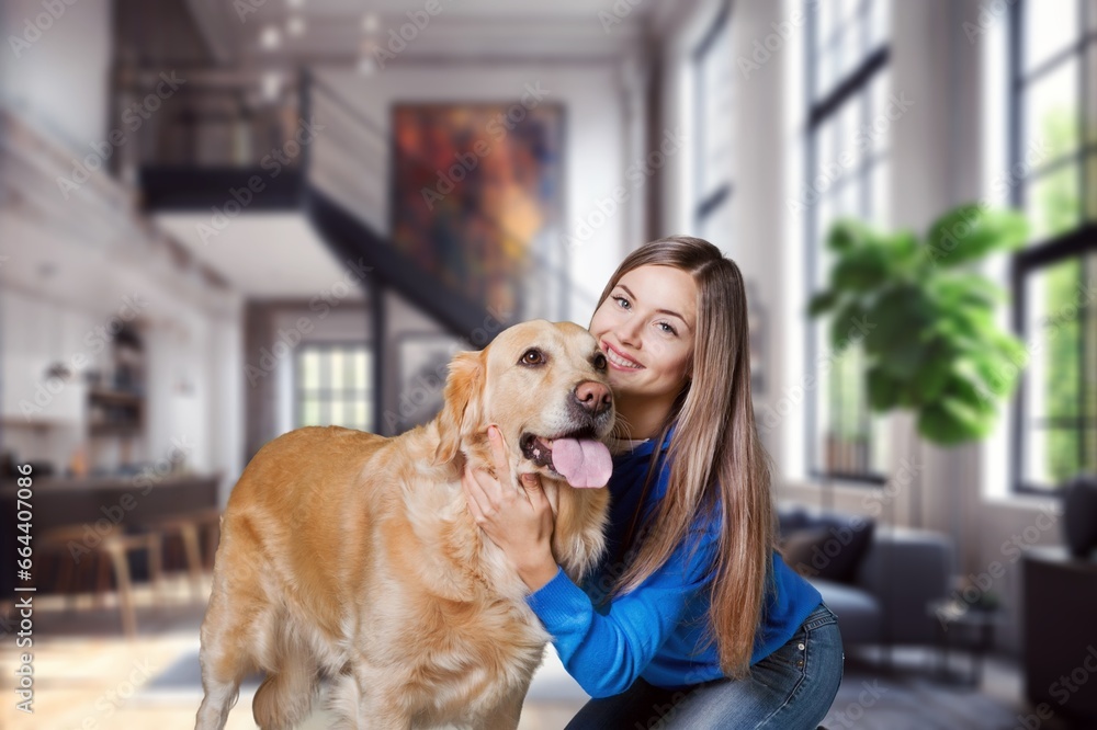 Poster Happy cheerful young woman hugging pet dog, AI generated image