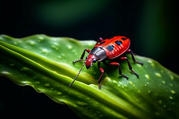 An insect perched on a vibrant plant leaf. Generative AI