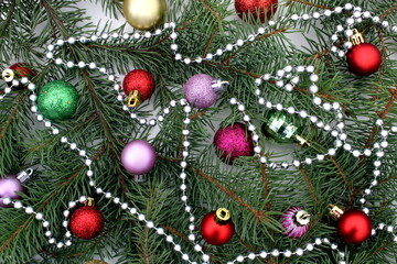  Background from branches and Christmas tree toys. Christmas theme.