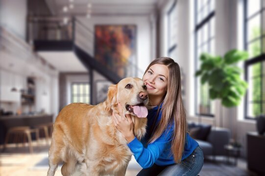 Happy cheerful young woman hugging pet dog, AI generated image