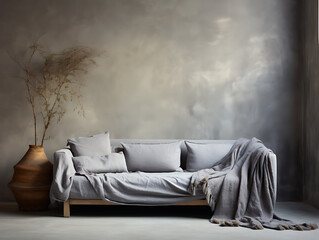 Fabric Sofa with Grey Pillow, Blanket, and Stucco Wall