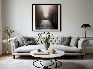 Grey Sofa and Round Table with Framed Art on White Wall