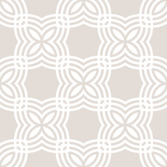 Simple vector geometric floral geometric seamless pattern. Abstract minimal ornament with flower grid, curved lines, leaves. Subtle elegant beige and white background. Geo texture. Repeated design