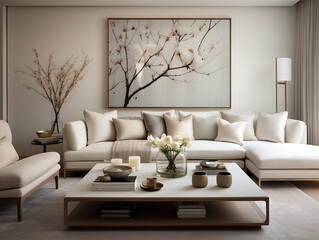 Modern Living Room with Cream Silk Cushions: Delicate Comfort