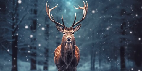 Noble deer male in the winter snow forest. Artistic winter Christmas landscape. - obrazy, fototapety, plakaty