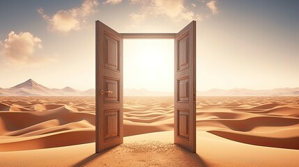 The opened door on the desert. Unknown and start up concept.