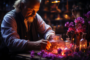 A potion master crafting a love potion with rare and fragrant ingredients, expressing the love and creation of romantic enchantments, love and creation - obrazy, fototapety, plakaty