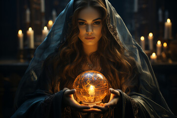 A sorceress using a crystal ball to scry visions of past lives and karmic connections, symbolizing the love and creation of spiritual insights, love and creation - obrazy, fototapety, plakaty