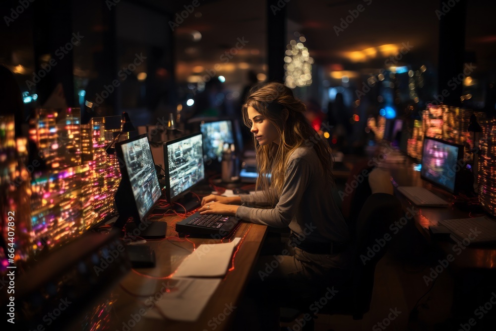 Poster female it specialist sits in a dark office and looks at several monitors with her hands on the keybo