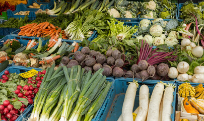 Vegetables at the market of City of Wiesbaden Germany Hesse. - obrazy, fototapety, plakaty