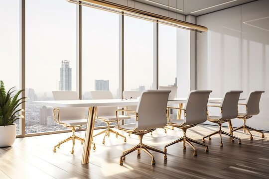 Perspective view on stylish white meeting table with golden legs and wheelchairs around on the wooden floor and white wall background.