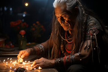 A sorcerer invoking ancestral spirits during a sacred ceremony, emphasizing the love and creation of connections to the past, love and creation - obrazy, fototapety, plakaty