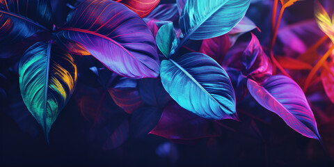 Tropical jungle plant purple exotic night art neon leaf background foliage , Image of tropical and colorful leaves at night in lush  generative ai

