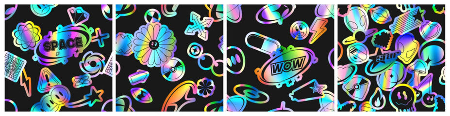 Seamless patterns with retro futuristic stickers. Vibrant Y2K style vector illustration with glued holographic stickers with rainbow gradient effect. Iridescent foil adhesive film with symbols.