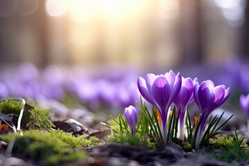 Spring purple crocus flower. - obrazy, fototapety, plakaty