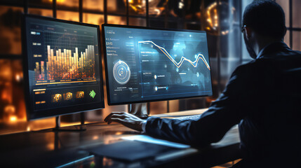 Fototapeta premium Advanced Business Analytics and Data Mining, Futuristic Technology and Golden Insights, dashboard filled with intricate graphs and charts with cutting-edge technology