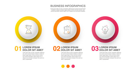 Timeline vector infographic design with three icons and circles. Circular infographics for business concepts and reports. Use for chart, presentations, workflow layout, banner, chart, annual graph.
