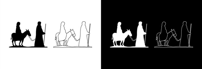 Silhouette Joseph and pregnant Mary travel to Bethlehem on a donkey.
