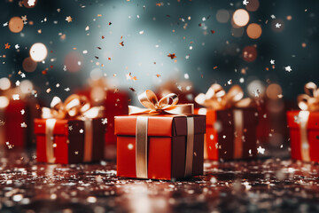 Christmas red gifts with golden silky ribbons, festive decor and floating glitter, New Year composition.